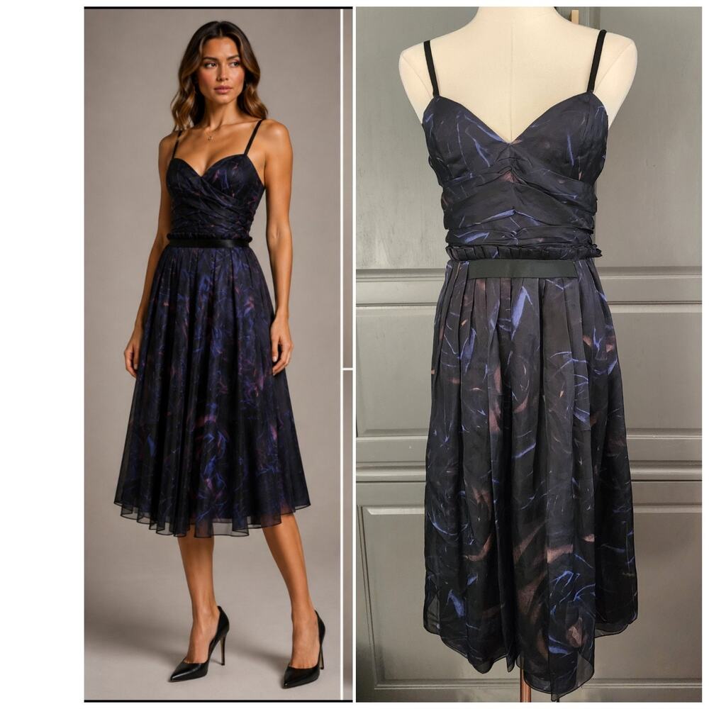 CELINE Blue Abstract 100% Silk Dress Chiffon Front Apron Overlay FR 36 US 4